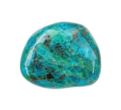 Polished blue-green chrysocolla gemstone with natural brown inclusions, showcasing its vibrant color and smooth texture on a white background