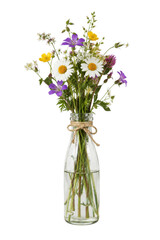 Naklejka premium Freshly picked colorful wild flowers arranged in a clear glass bottle with a rustic twine bow, isolated on a white background
