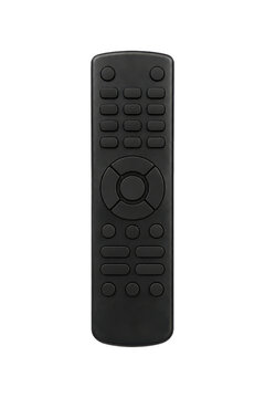 Sleek black universal remote control with numerous buttons is centrally positioned on a clean white background, captured with bright studio lighting