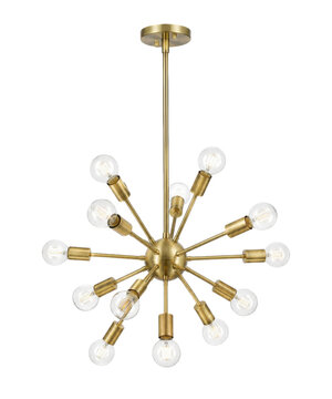 Modern brass sputnik chandelier with exposed bulbs hangs elegantly against a clean white background