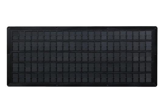 Rectangular black split-flap display board with multiple blank panels arranged in rows and columns, isolated on a white background