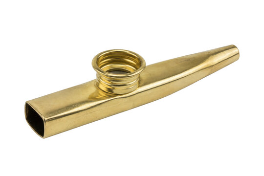 Shiny brass kazoo, a simple wind instrument, is angled on a clean white background with soft shadows