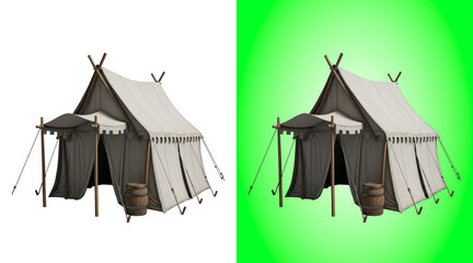 Medieval-style canvas tents with wooden barrels outdoor scene © Rd