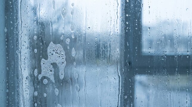 Soapy water streaks and foam bubbles on a glass window surface for cleaning or hygiene background