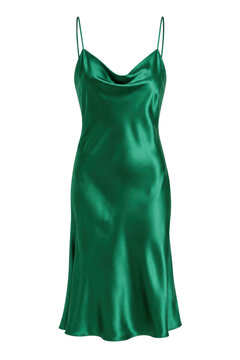 Elegant emerald green satin slip dress with delicate spaghetti straps and a cowl neckline, isolated on a clean white background