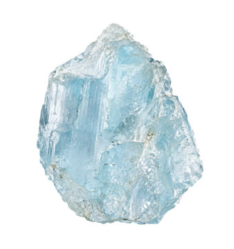 Raw light blue aquamarine crystal gemstone with natural rough texture isolated on a clean white background
