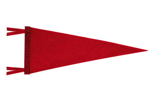 Vibrant red felt pennant flag with a textured surface and two small ties is isolated on a clean white background