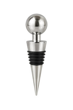 Shiny silver metal wine stopper with a spherical top and conical base, featuring black rubber rings, isolated on a white background