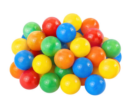 Vibrant pile of colorful plastic ball pit balls, including red, blue, yellow, green, and orange, isolated on a clean white background