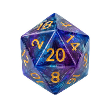 Single blue and purple swirled twenty-sided die with gold numbers, isolated on a clean white background