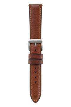 Single brown leather watch strap with a silver buckle and visible stitching, presented vertically on a clean white background