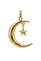 Shiny golden crescent moon pendant with a small star charm hanging from it, isolated on a clean white background © no one
