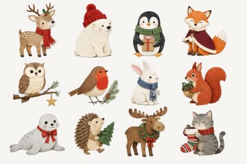 Fototapeta premium Watercolor woodland winter animals wearing festive holiday accessories
