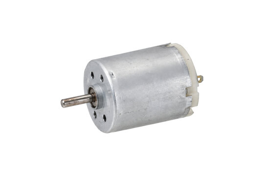 Small silver-colored DC electric motor with a protruding shaft and white plastic end cap, isolated on a clean white background