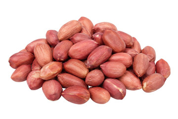 Obraz premium Large pile of raw, shelled peanuts with reddish-brown skins is neatly arranged against a clean white background