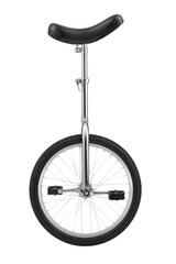Sleek, modern unicycle with a black seat and chrome frame stands upright on a clean white background, showcasing its simple design © no one