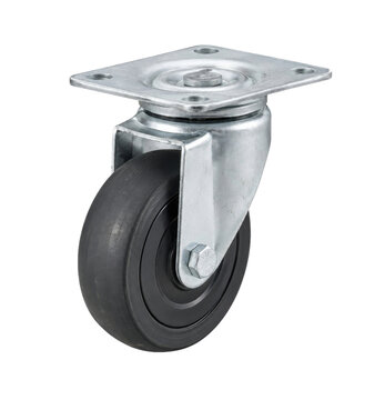 Single industrial swivel caster wheel with a black rubber tire and galvanized steel housing is isolated on a white background