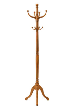 Classic wooden coat rack with multiple hooks and a sturdy tripod base stands isolated against a clean white background