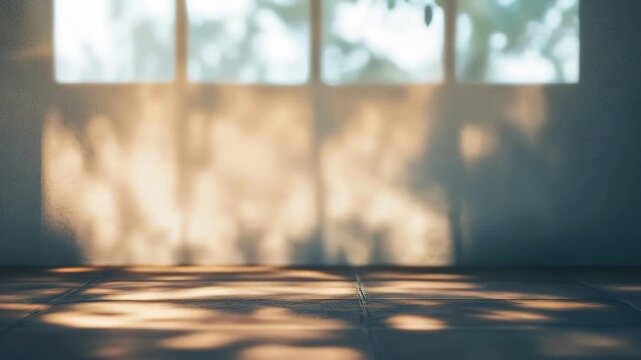 Minimalist interior with dappled sunlight and hazy window background