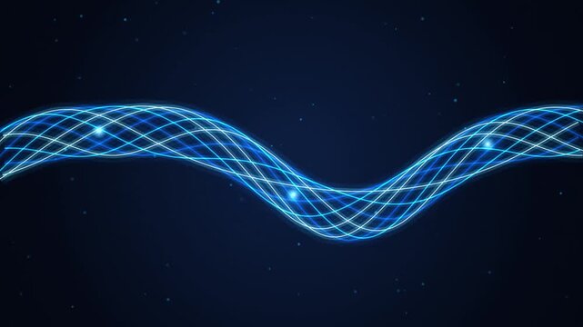 Futuristic blue glowing wave animation with intersecting lines and data stream visual effect