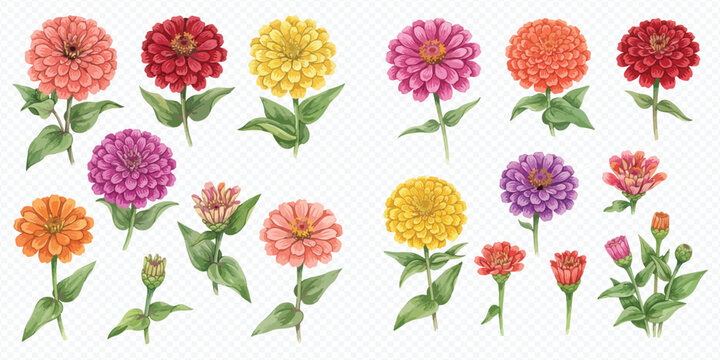 Set of colorful zinnia flowers hand drawn in watercolor style isolated on white background.