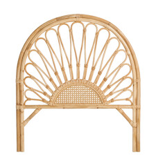 Fototapeta premium Beautiful natural rattan arched headboard with intricate woven details, featuring a cane webbing panel, isolated on a clean white background