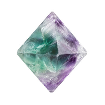 Vibrant purple and green fluorite crystal octahedron, showcasing its natural geometric shape and translucent layered texture on a white background