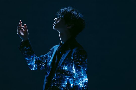夜景を纏い未来を創造する若き日本人男性の横顔