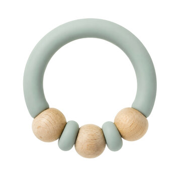 Light green silicone and natural wood baby teether ring, designed for soothing infants, is presented on a clean white background