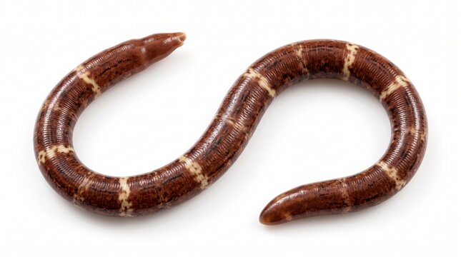Tubulanus polymorphus ribbon displays a striped brown segmented body curled into a semi-circle on white surface.