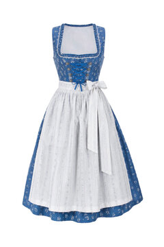Traditional blue and white dirndl dress with intricate floral patterns and a white apron, photographed on a clean white background