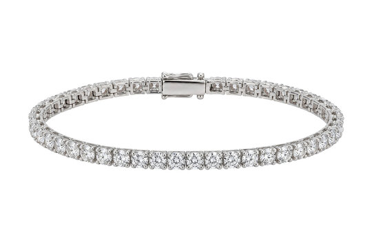 Elegant silver diamond tennis bracelet with sparkling round cut stones and a secure clasp, isolated on a clean white background