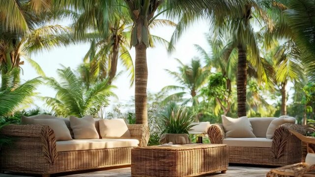 Luxe outdoor lounge with wicker sofas in a tropical resort