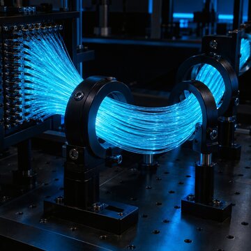 Fiber optic quantum key distribution breadboard with laser diodes mirrors optical sensors and fiber couplers in physics research laboratory under blue light