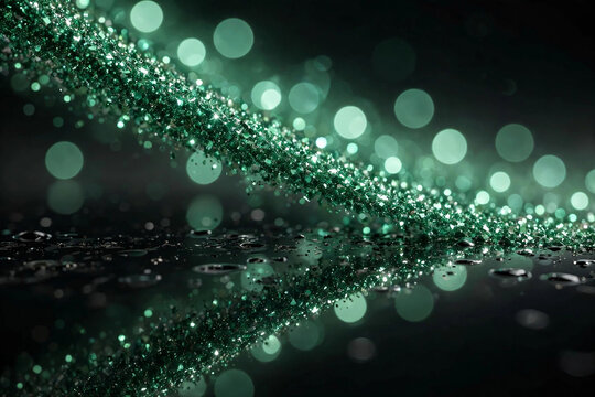 Sparkling green glitter strand on wet reflective black surface background.
