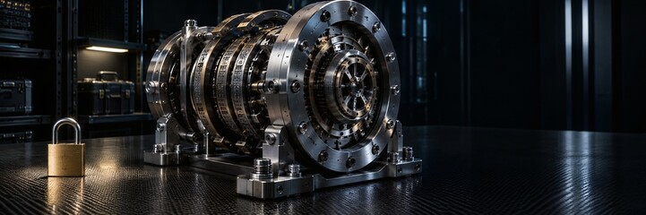 Fototapeta premium Electromechanical rotary cipher machine rotor assembly showing stepped brass contact pins wiring disks and mechanical ratchets on vintage restoration workbench