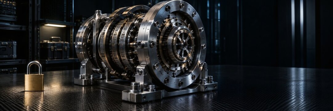Electromechanical rotary cipher machine rotor assembly showing stepped brass contact pins wiring disks and mechanical ratchets on vintage restoration workbench
