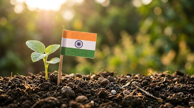 Small green plant with an indian flag in the garden