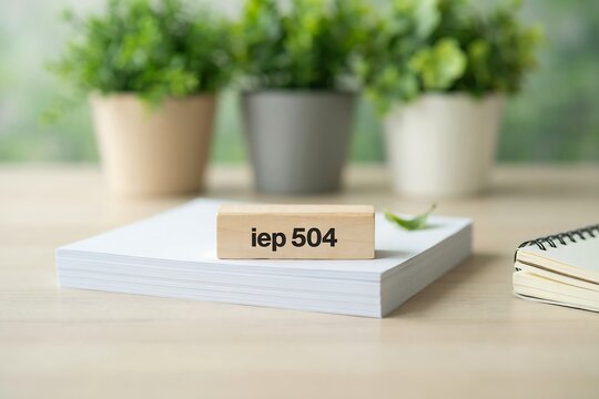 A wooden block with IEP 504 text placed on a stack of white paper, representing special education planning, documentation, and support services