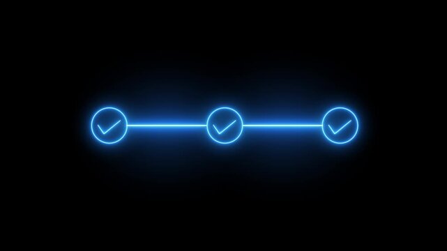 neon 3 step info graphic process with check mark icon. info graphic step by step process icon animation on black background, step process success with check marks. Step-by-Step Guide: Business Steps.