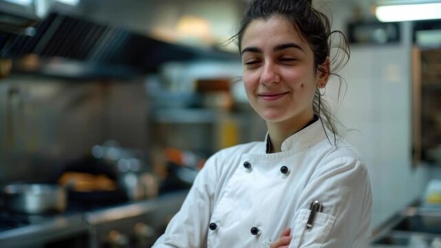 Confident female chef in white jacket smiling in a professional kitchen