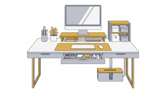 Organized Desk Setup Vector, Cable Management, Monitor Riser and Minimal Home Office
