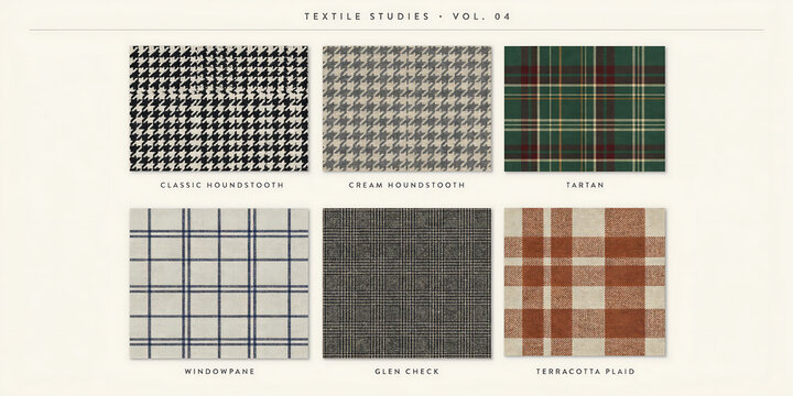 Collection of various fabric patterns including houndstooth tartan windowpane and glen check for design inspiration