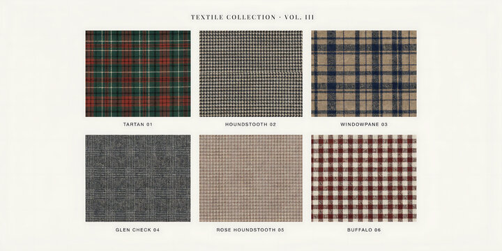 Six distinct fabric swatches arranged in two rows showcasing classic patterns for apparel design and manufacturing