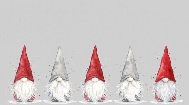 Watercolor Scandinavian Christmas Gnomes Row in Red and Gray Hats with White Beards on Gray Background, Nordic Holiday Copy Space