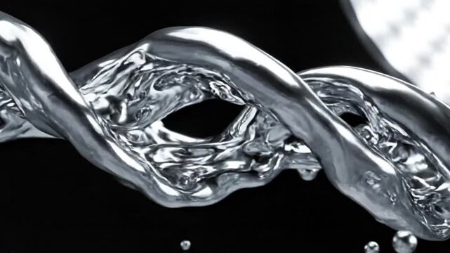 Liquid silver metal twisting and flowing dynamically in abstract motion digital animation video footage featuring high contrast lighting and reflective chrome surfaces against a dark background