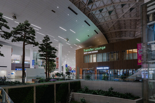 September 23, 2026, Incheon, South Korea - Interior view of Incheon International Airport Terminal 2 with Transfer Lounge and indoor trees