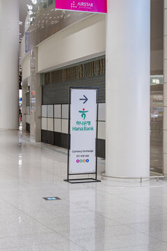 September 23, 2026, Incheon, South Korea - Hana Bank currency exchange sign in Incheon Airport Terminal 2