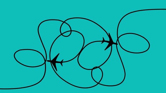Continuous one line hand drawn animation of an airplane flight path with starting point and traced route, ideal for travel, aviation and journey concepts.