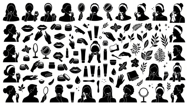 Silhouette icon set of women applying lip scrub on chapped lips, cosmetic jars, mirrors, leaves and skincare icons on white background   